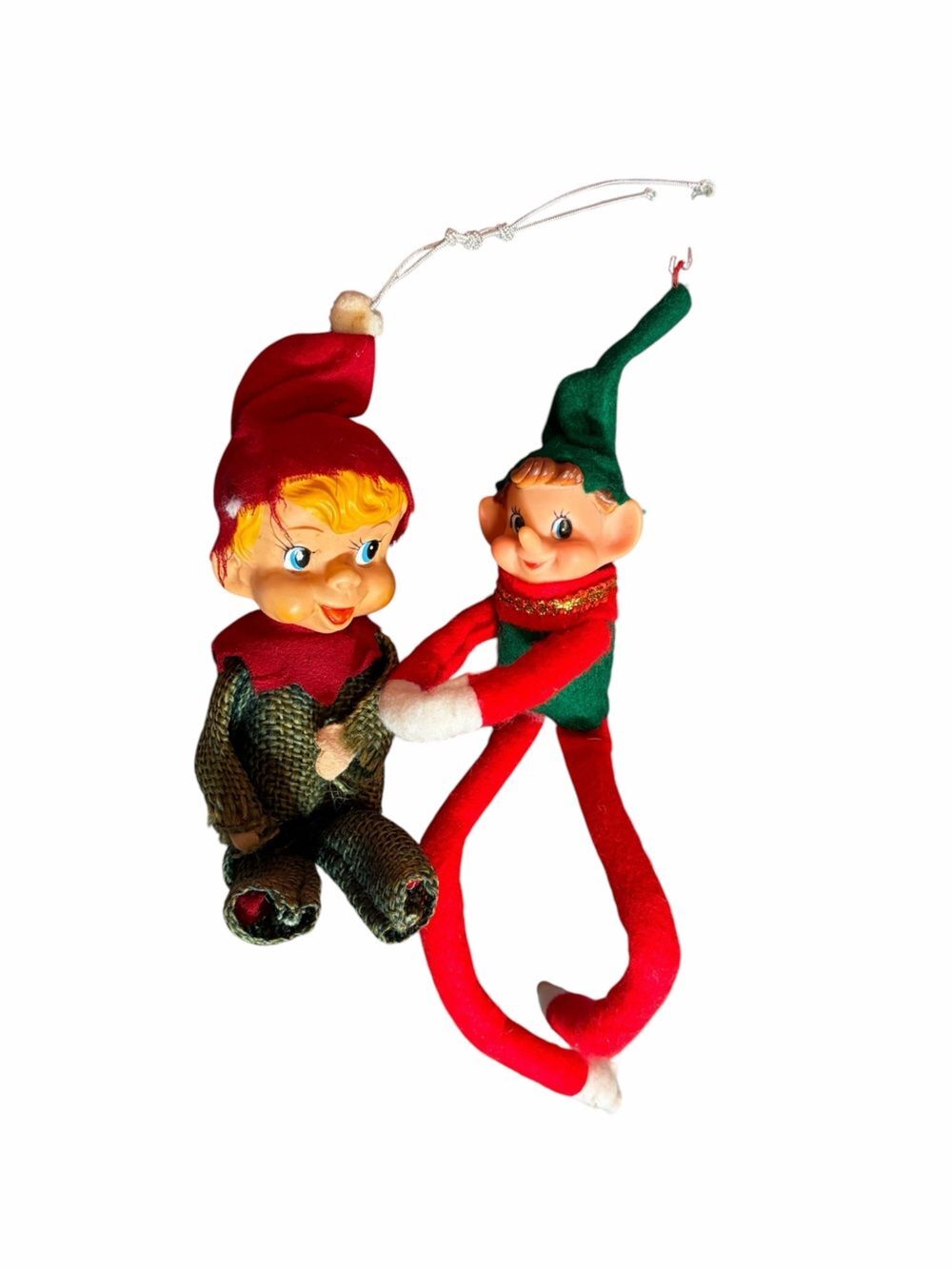 Vintage Holiday Elf Plush Dolls Set Red & Green Christmas Decor